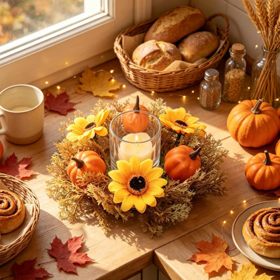 Couronne de bougies et centre de table pour la fête des récoltes, décoration de table pour un souper, couronne artificielle de feuilles d'érable et de citrouilles