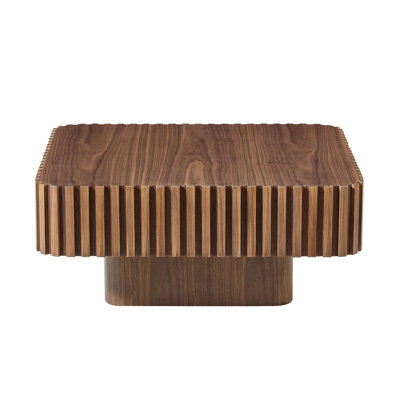 Modern 35.43 Inch Handcraft Drum Coffee Table Square Coffee Table For Living Room,Small Wooden Coffee Table With Sturdy MDF Pedesta,Walnut Color