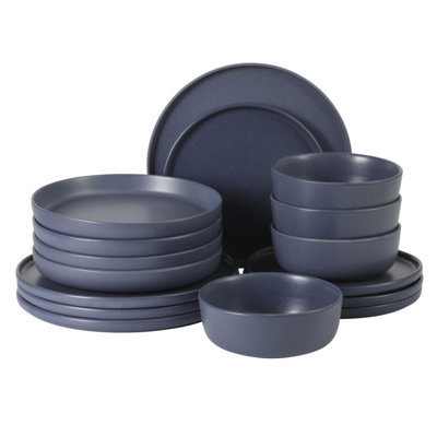 Gibson Elite Bayou Moon Plates and Bowls Sets, 16-Piece Blue Matte Stoneware Dinnerware Sets, Solid Color Reactive Glaze Dish Set