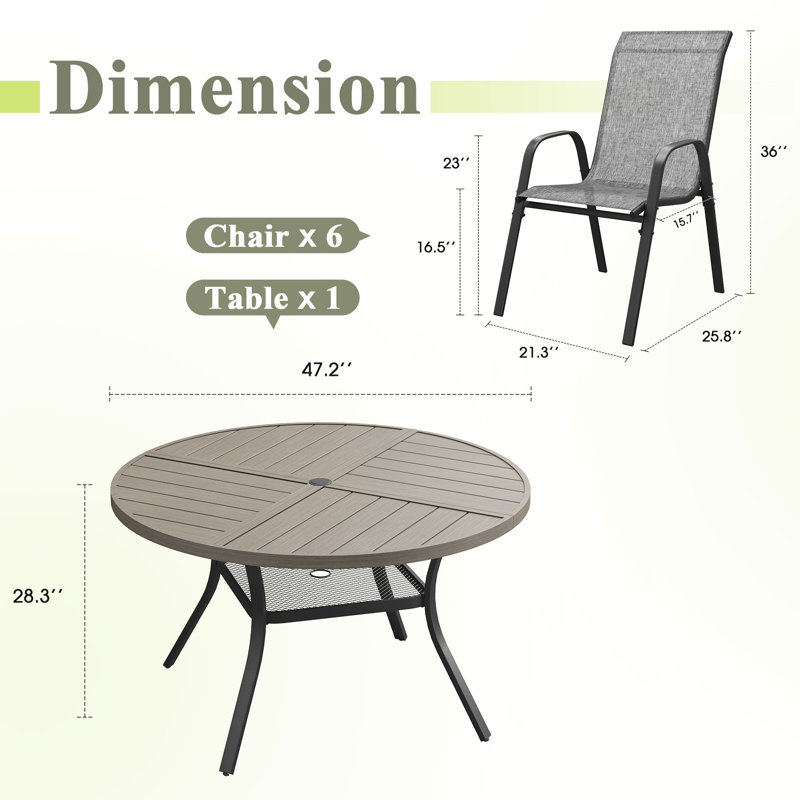 6-Person Round Patio Dining Set With Stackable Textilene Chairs, Brushwood Gray/Gray