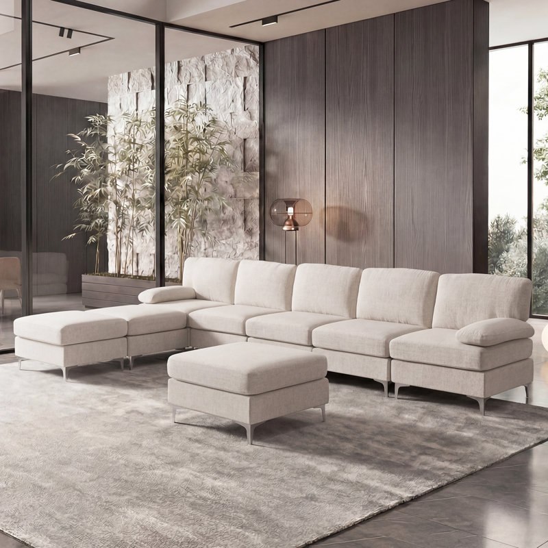 Oversized Upholstered 8 Seater Modular Sectional Sofa 3 Ottoman, Beige Chenille
