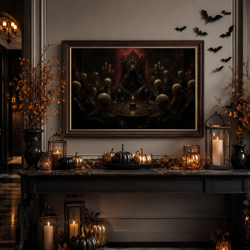 Squelettes gothiques à table avec figure encapuchonnée et toile murale d'Halloween, H 12 po x l 18 po