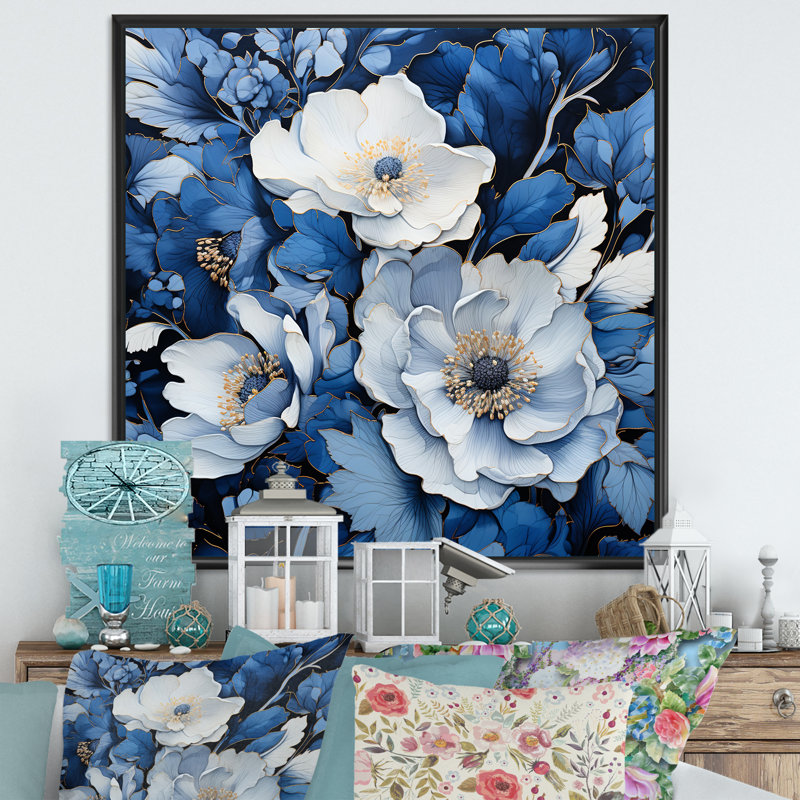 Aquarelle de fleurs saisonnières bleues et blanches II - Fleurs, art mural, H 16 po x l 16 po x P 1 po, Cadre flottant noir