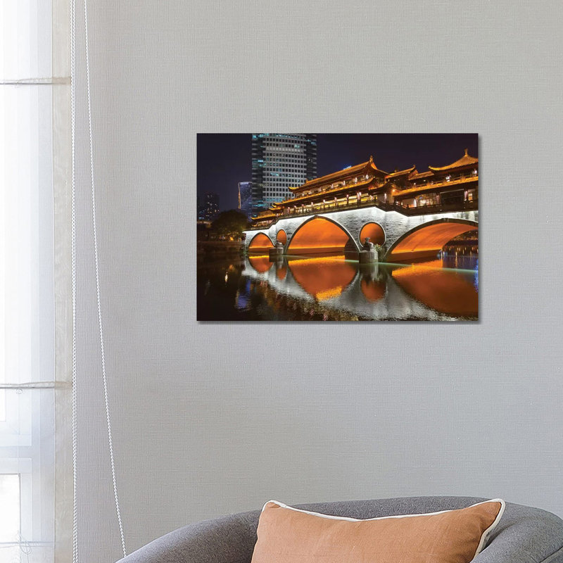 Night View Of Anshun Bridge With Reflection In Jin River, Chengdu, Sichuan Province, China by Keren Su - Wrapped Canvas Gallery-Wrapped Canvas Giclée
