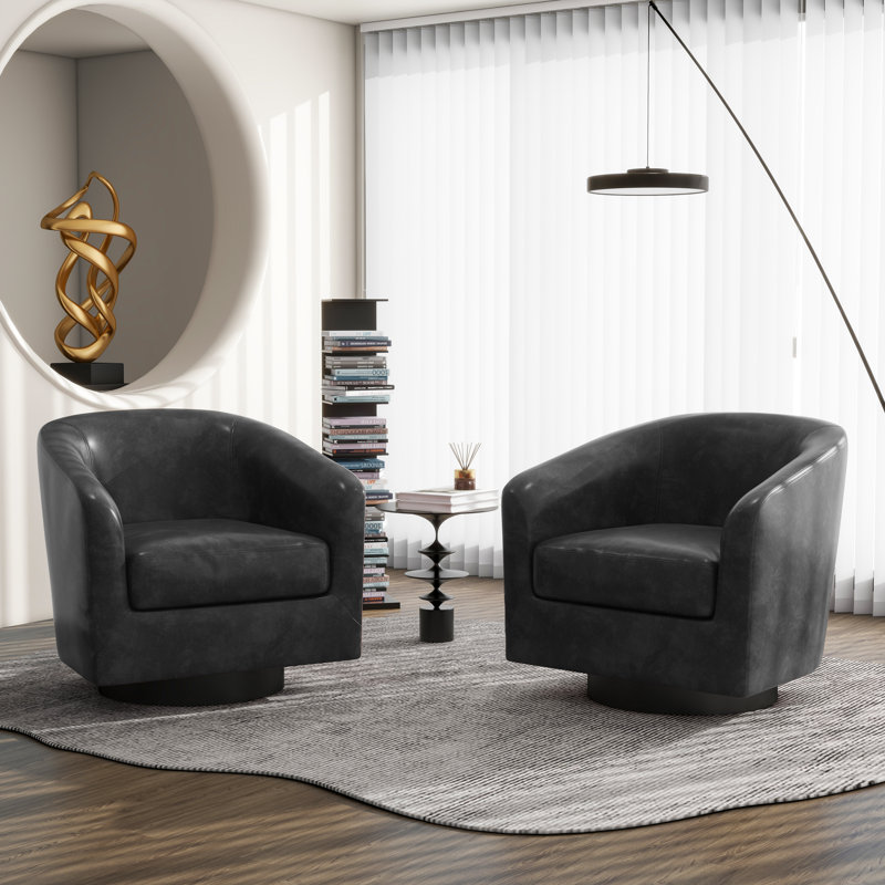Applewold Upholstered Black Faux Leather Swivel Barrel Chair with Solid Wood Base, Black Faux Leather