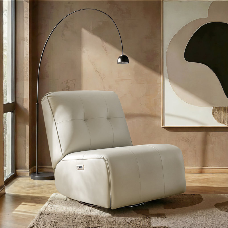 Adamira Modern Faux Leather Swivel Rocker Power Recliner with USB Ports, Ivory