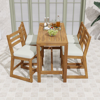 5-Piece Rustic Acacia Wood Patio Bar Set with Slatted High Table and 4 Ergonomic Cushioned Chairs