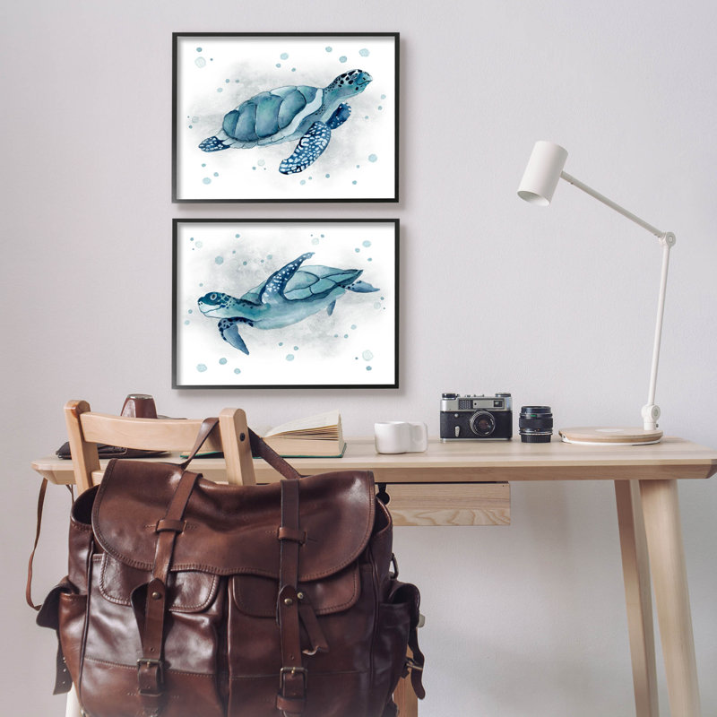 «Blue Tortoises Ocean Bubbles», ensemble de 2 estampes numériques par Janet Tava, H 16 po x l 20 po x P 1,5 po