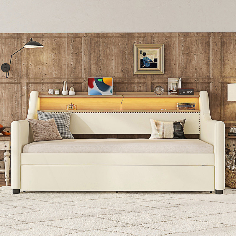 Twin Size Daybed With Trundle, Upholstered Daybed With Charging Station And Led Lights, Day Bed, White