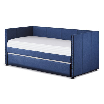 Fabric Upholstered 1Pc Day Bed With Pull-Out Trundle Nailhead Trim Wood Frame Furniture