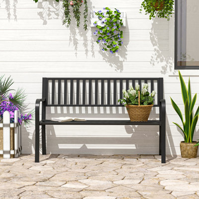 Patio 50" Outdoor Garden Bench, Slatted Seat Metal For Backyard Poolside Black