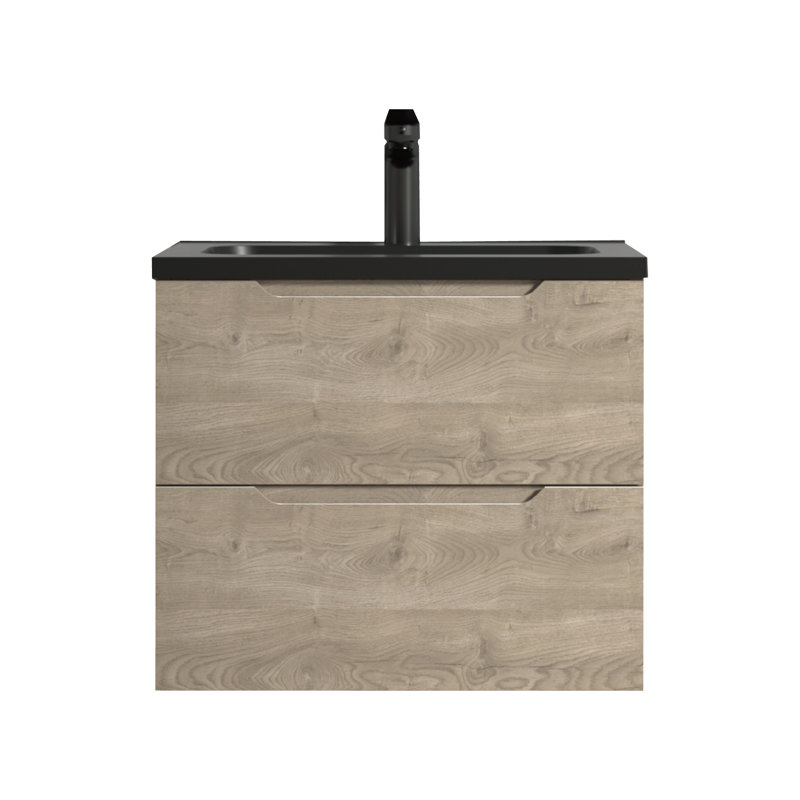 Meuble-lavabo mural simple avec comptoir en quartz noir et meuble-lavabo au fini bois naturel Passonno, 24"