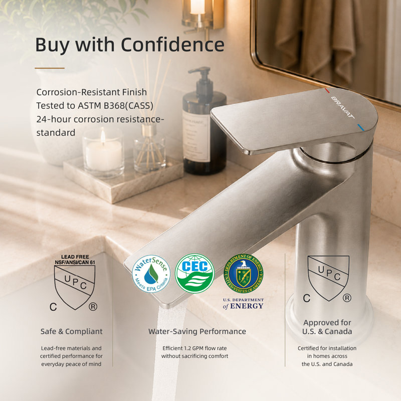 BRAVAT® Single Handle Bathroom Faucet with 6 in. Deck Plate, 1 or 3 Hole, WaterSense 1.2 GPM flow, NEOPERL® aerator, Drip-free cartridge, cUPC, NSF372/61, CEC, DOE Certified, Sleek-Brushed Nickel