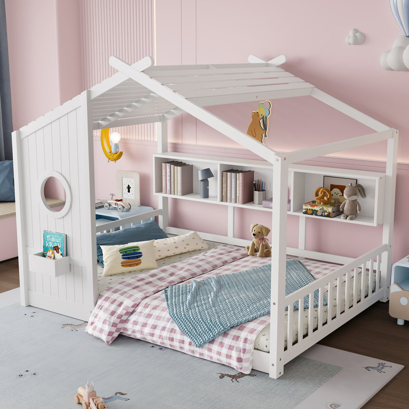 Fernith Enchanted Montessori Playhouse Bed with Pine and Storage Shelf, Full, White
