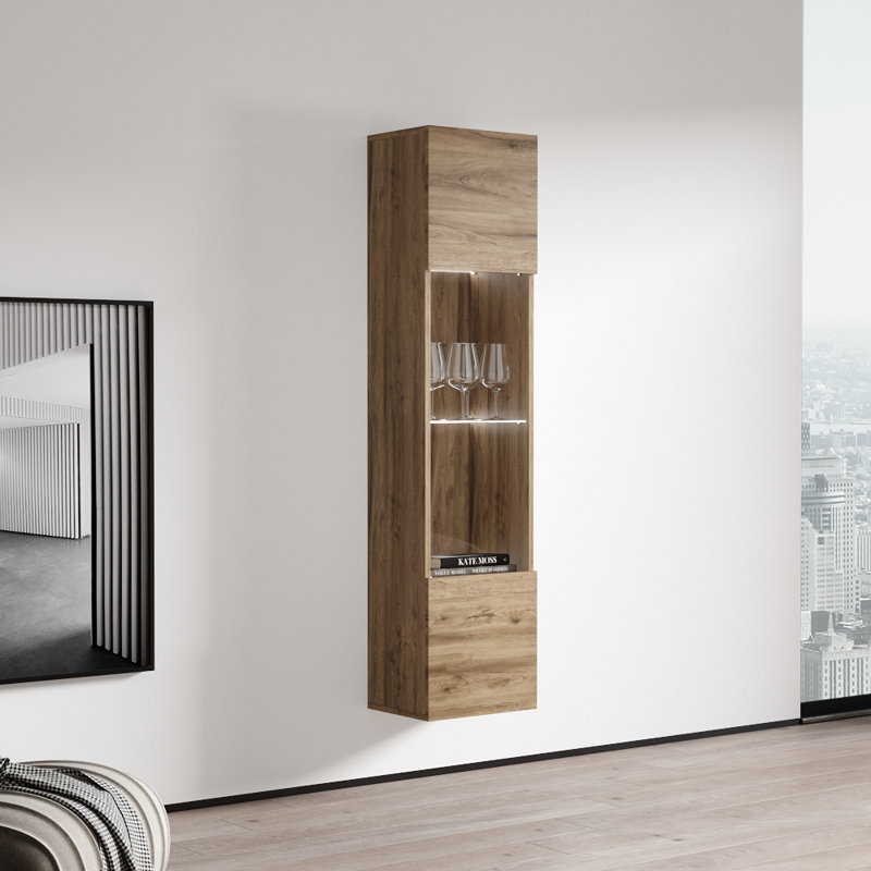 Fly 15.75" Floating Bookcase with 16-Color LED Lighting, High Gloss Finish, Oak
