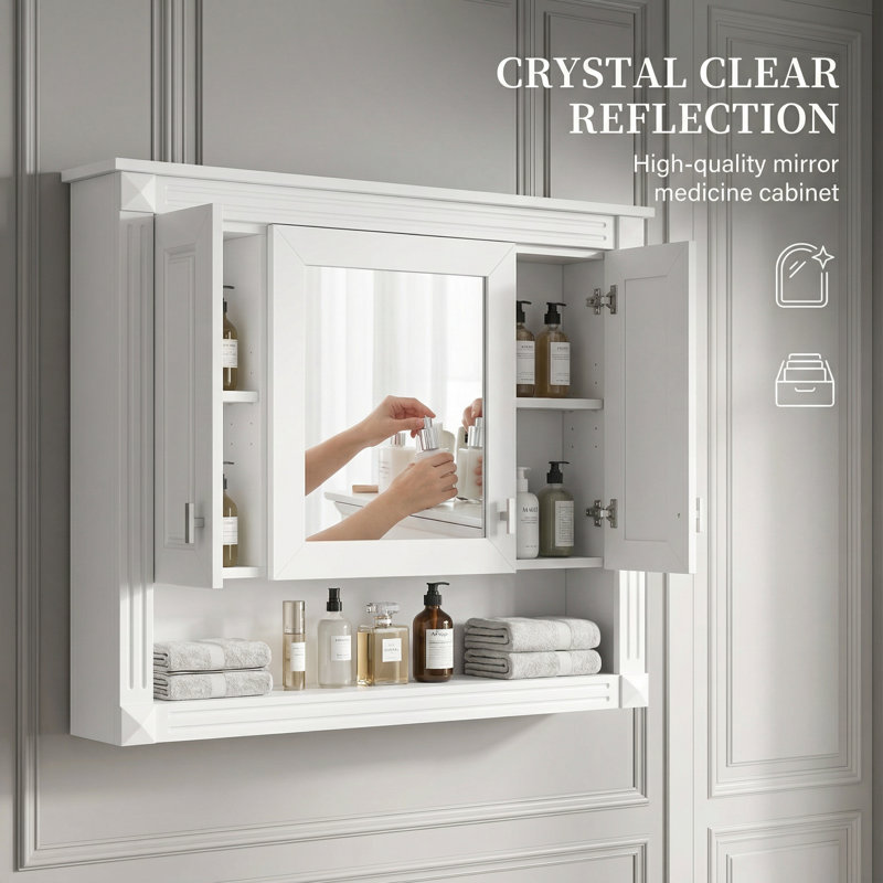 Armoire à pharmacie murale de 35 pouces avec miroir et tablette ouverte, solution de rangement blanche moderne pour la salle de bain, la chambre à coucher ou le salon