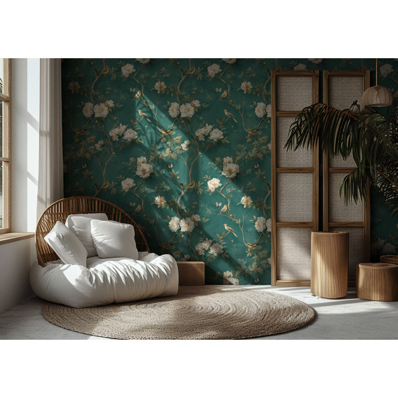 Papier peint botanique sarcelle et fleurs blanches avec papillons, 40" L x 60" W, Peel & Stick