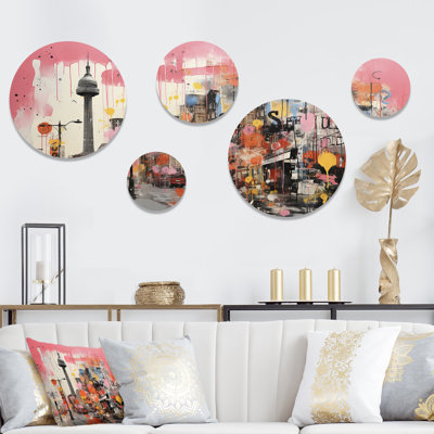 «Pink Vibrant Berlin Cityscape I», ensemble d'art mural rond de Berlin, lot de 5