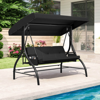 3-Seat Patio Swing with Canopy with Removable Cushions & Side Pockets Stand