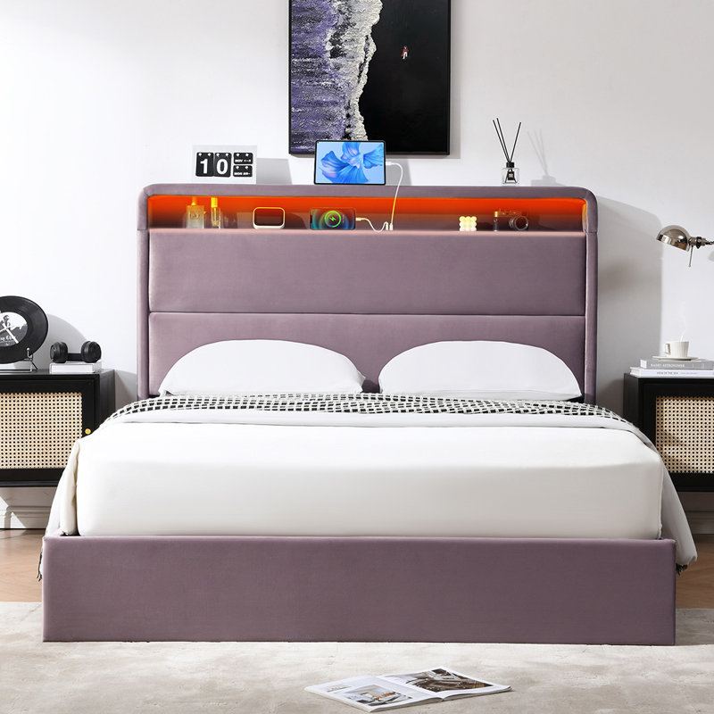 Lit plateforme tapissier avec rangement Braya, Double, Mauve pâle 