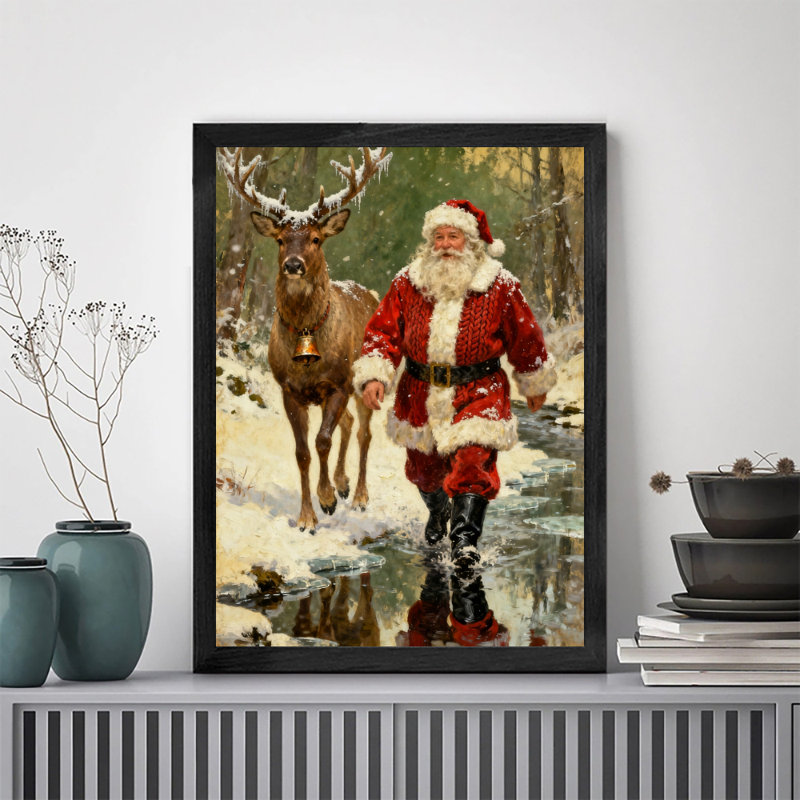 Père Noël rétro noir encadré avec art mural de style rétro, H 11 po x l 9 po