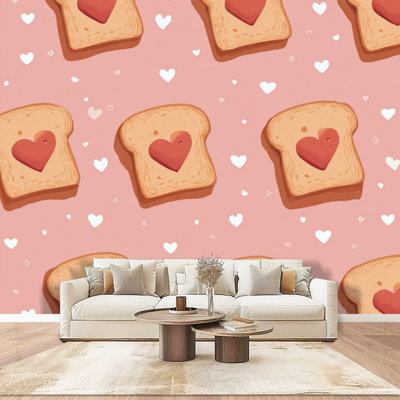 Peel and Stick Wallpaper Wall Mural Cute bread toast heart seamless flat cartoon kawaii character Wall Art Self Adhesive and Removable