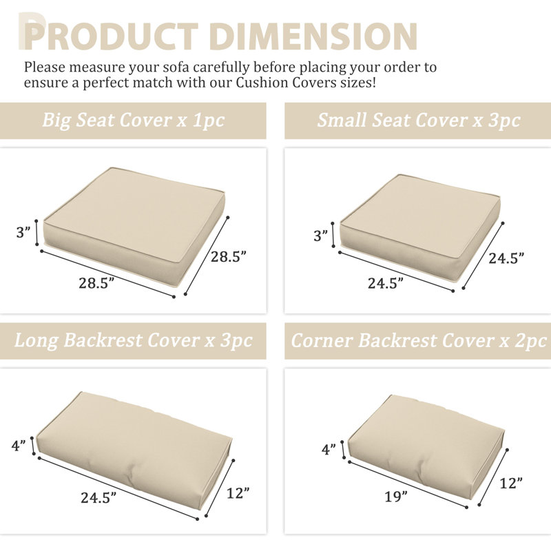 Ensemble de housse de coussin d'extérieur 9 pièces pour coussins d'extérieur et housses de patio 3 "Cartert, Beige
