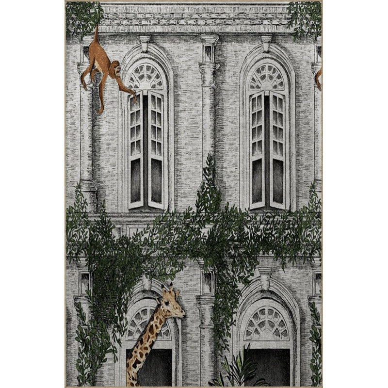 Zoo-Themed Monkey and Giraffe Patterned Modern Decorative Rug, Rectangle 4'7" x 6'6"