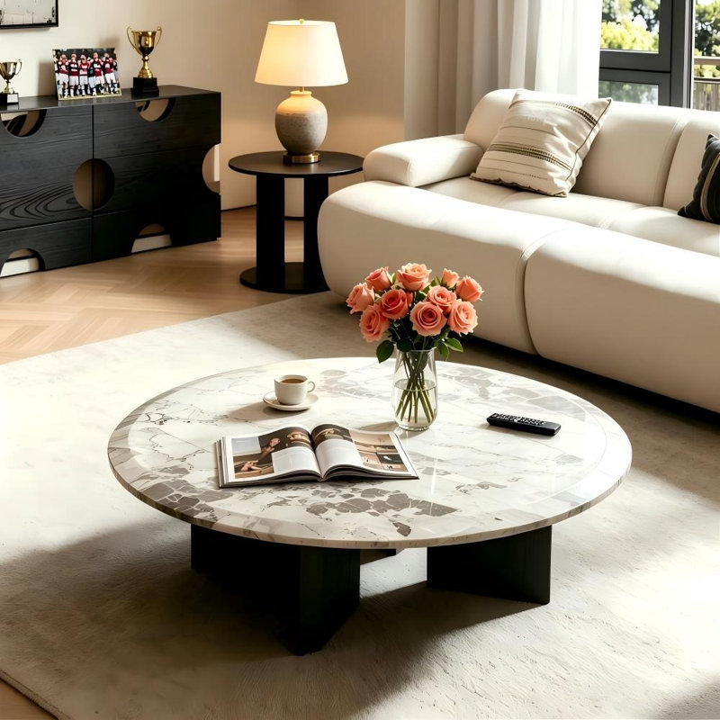 Eudice Round Nesting Coffee Table Set with Marble Top, Modern Coffee Table and Side Table for Living Room, 2-Piece Set with Storage Shelf