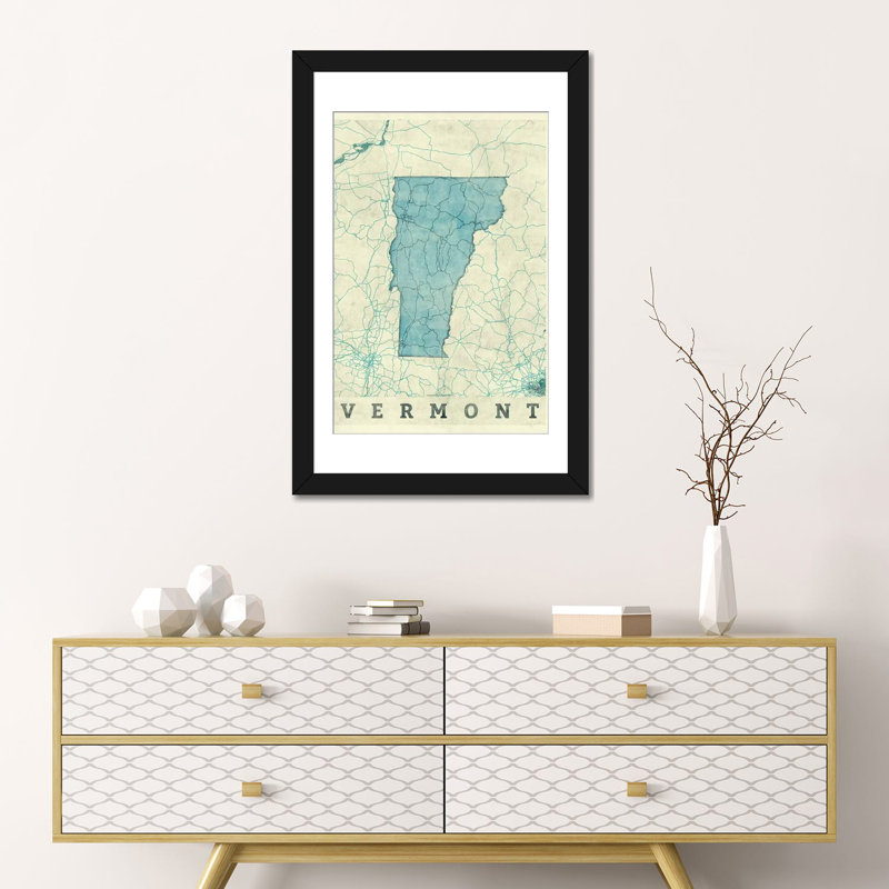 « vermont map », impression sur toile, H 24 po x l 16 po x P 1 po, Papier d'art encadré noir, Blanc