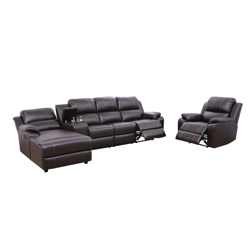 Ensemble de canapé de salon inclinable 4 pièces en cuir végétalien brun