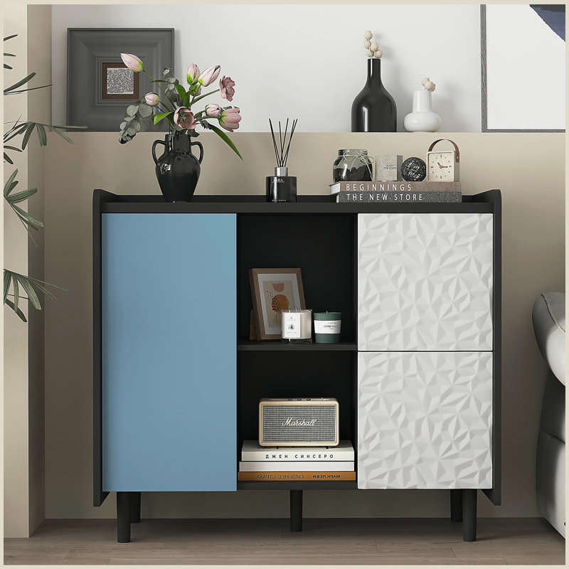 Sideboard Buffet Cabinet, Black Storage Cabinet with Red Doors , 2 Drawers with unique panel styling and 2 Open Storage Compartment, Modern Coffee Bar Cabinet Accent Cabinet