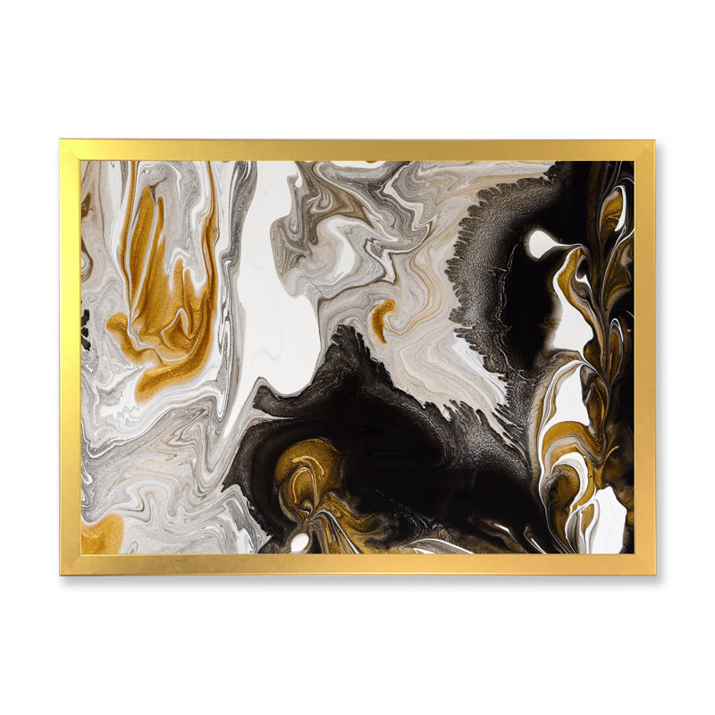 Or et vagues de marbre noir II - peinture sur toile, H 34 po x l 44 po, Cadre doré