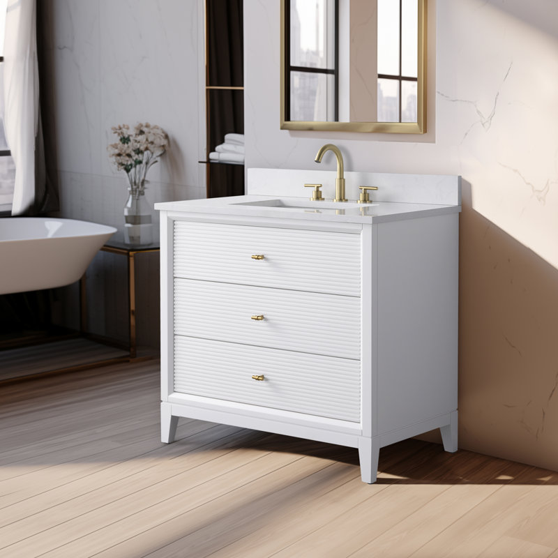 36" Single Bathroom Vanity with Engineered Marble Top, White, Golden Brushed, Ariston White