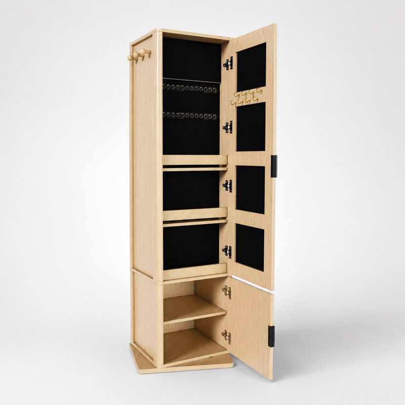 Armoire à bijoux rotative 4 en 1 avec miroir pleine grandeur pour chambre à coucher, Brun