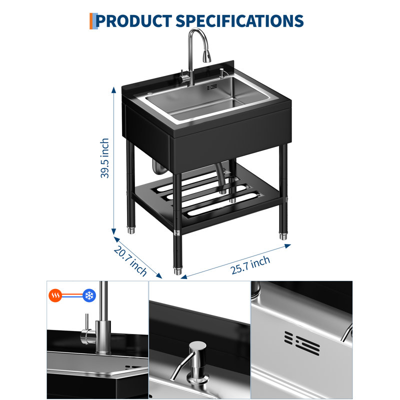 Stainless Steel Utility Sink, Single Bowl Commercial Sink with Cold and Hot Water Faucet, Black+Silver