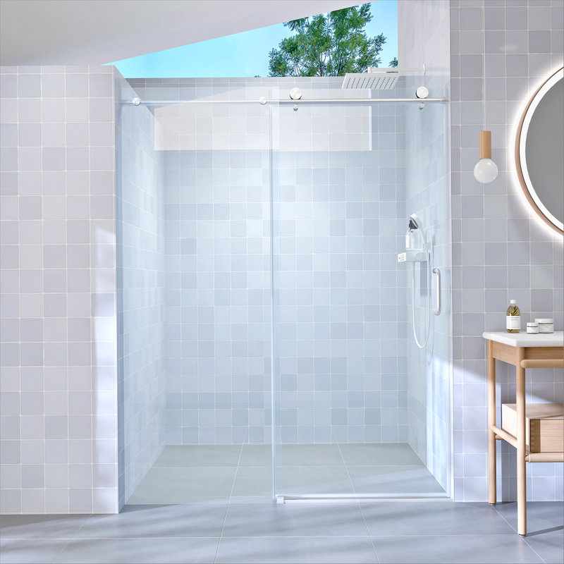Porte de douche coulissante simple, porte coulissante sans cadre pour salle de bain, Nickel brossé