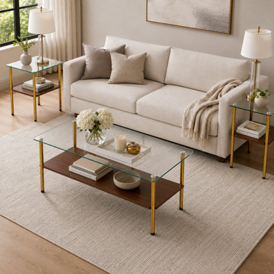 Ensemble de 3 tables basses modernes et tables de bout, table basse rectangulaire en verre trempé avec pieds en métal doré et tablette en bois, table de centre élégante et facile à nettoyer pour le salon