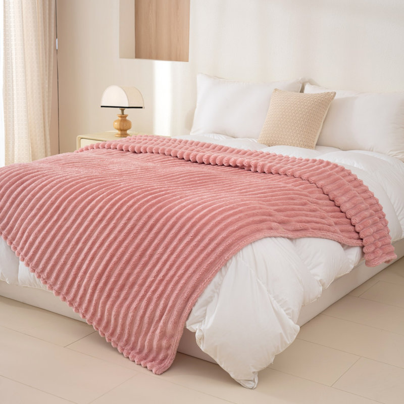 Striped Plush Lightweight Throw Blanket, Ultra Soft & Cozy for Sofa Couch Bed, Machine Washable, Pink, 150cm x 200cm