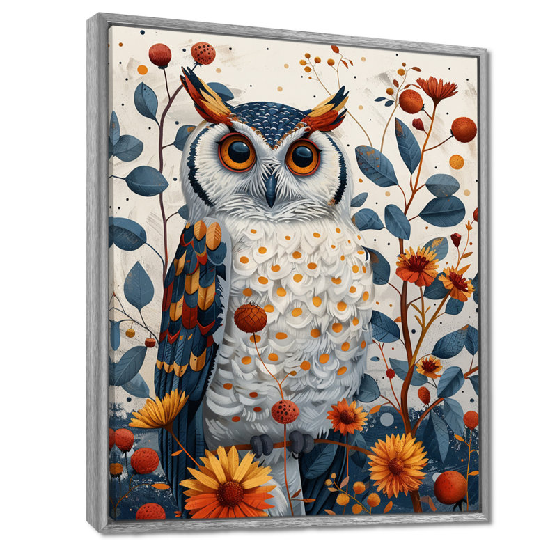 Nobel, hibou en fleurs, fleurs orange, Toile argentée avec cadre flottant, H 32 po x l 24 po x P 1 po