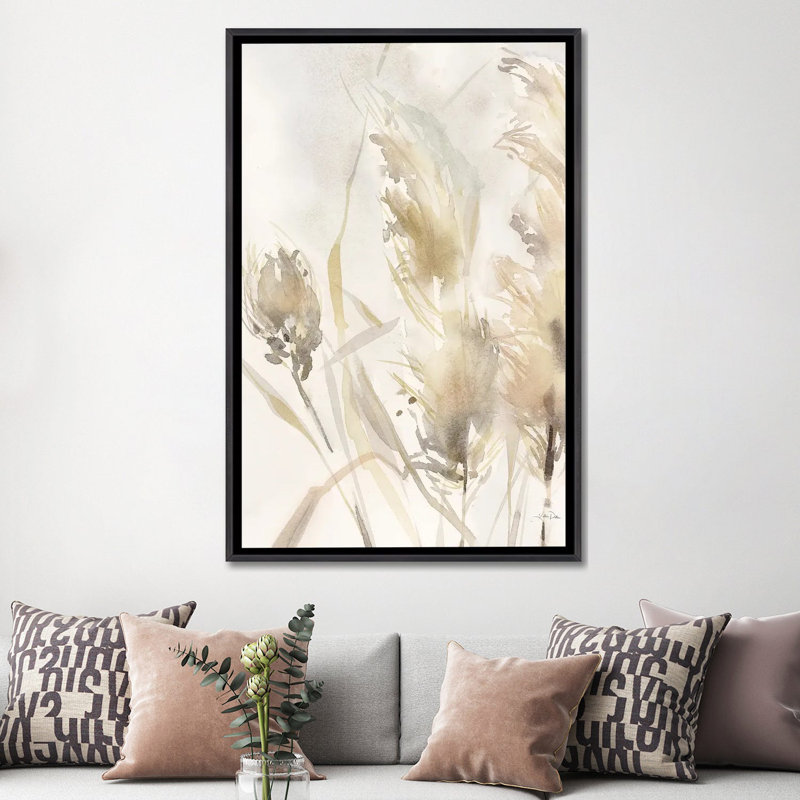Light Pampas Grasses III - reproduction d'art murale - toile encadrée, H 60 po x l 40 po, Noir patiné