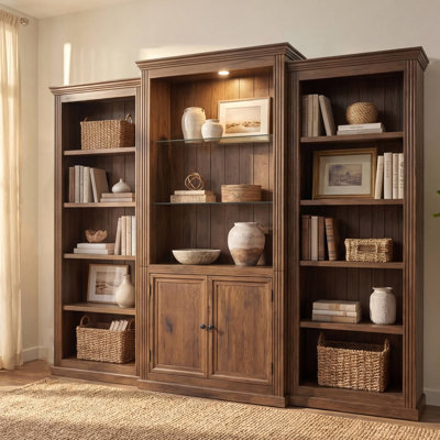 Tall 3-Pieces Bookcase, Display Cabinet with LED Ceiling Light, Retro style Bookshelves with tempered glass shelves