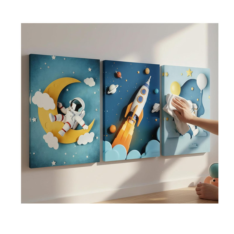 3Pcs Nursery Space Canvas Wall Art Astronaut Space Planets Theme Rocket Spaceman Painting Picture Wall Decor Explore Dream Galaxy Poster Print Artwork for Boysroom Kidsroom Classroom Home Decoration