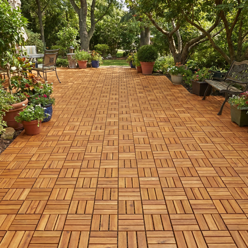 Carreaux de terrasse imbriqués en bois d'acacia Tranquillo - paquet de 30 | Revêtement de sol intérieur et extérieur antidérapant et antidérapant facile à installer