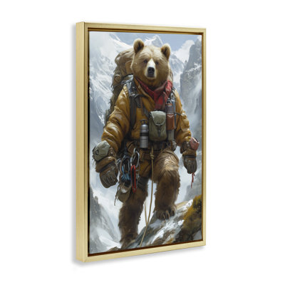 Mountain Hiking Bear Black Framed Floater Canvas by Ray Heere