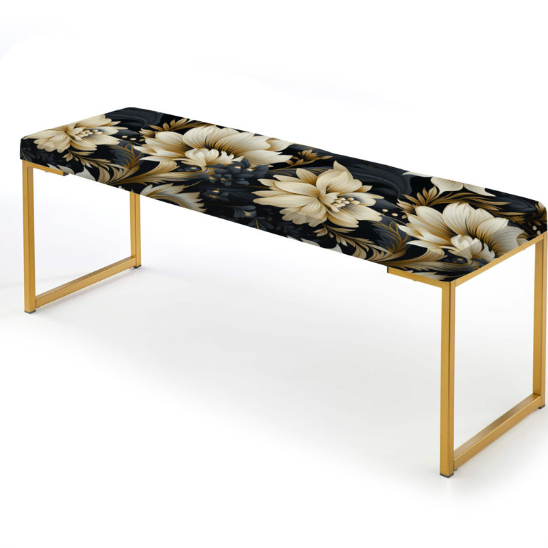 Dark Beige Flower Damask Breeze II - Damask Upholstered Gold Bench