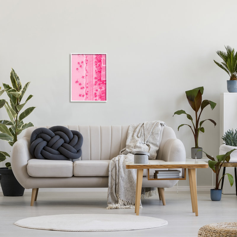 Paysage aérien tropical rose, impression sur bois, H 20 po x l 16 po x P 1,5 po, Giclée encadrée blanc bord de mer