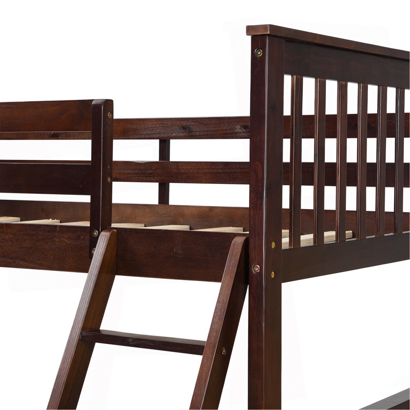 Lit simple superposé au dessus d'un lit double avec tiroirs de rangement, lit superposé en bois avec échelle et garde-corps - Espresso