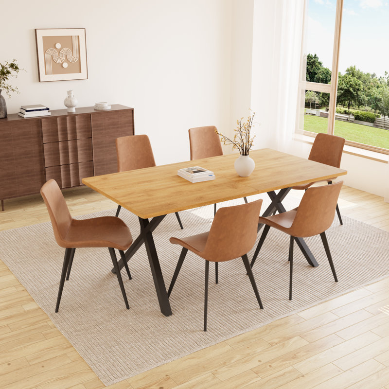 Costner 63" Modern Oak Dining Table Set For Small Spaces, 7-Piece Set With Rectangular Table & 6 Padded Leather Chairs, Compact, Sturdy & Easy To Assemble