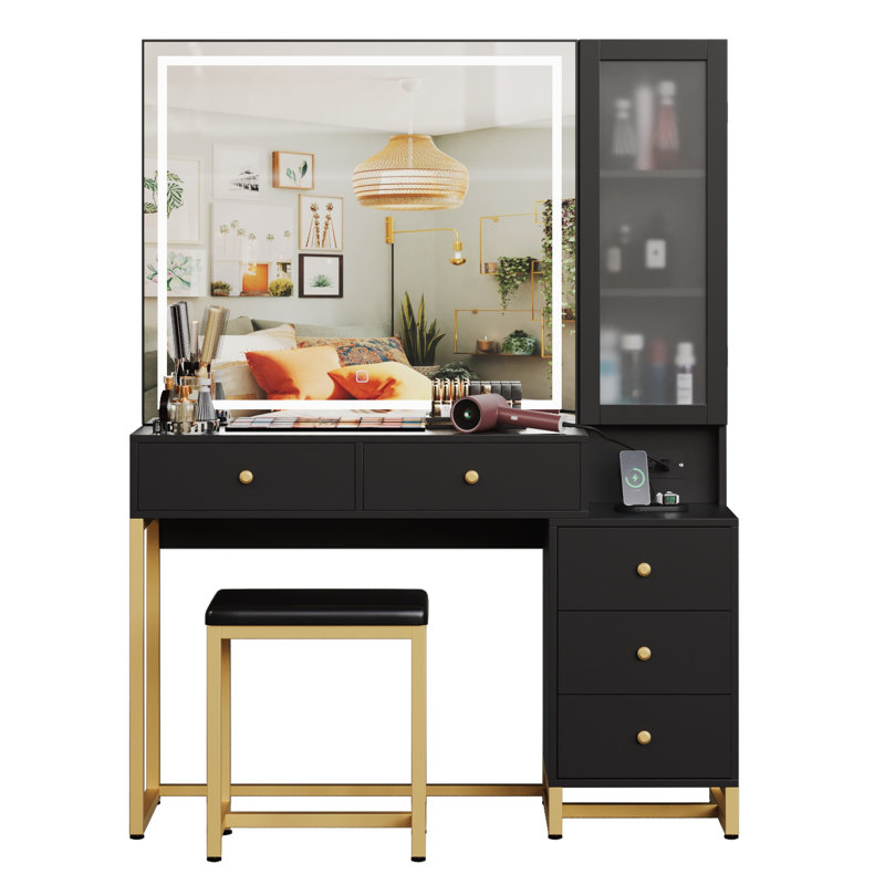 Vanity Desk With Mirror And Led Lights, Makeup Vanity Desk With Sliding Lighted Mirror, Charging Station, Black